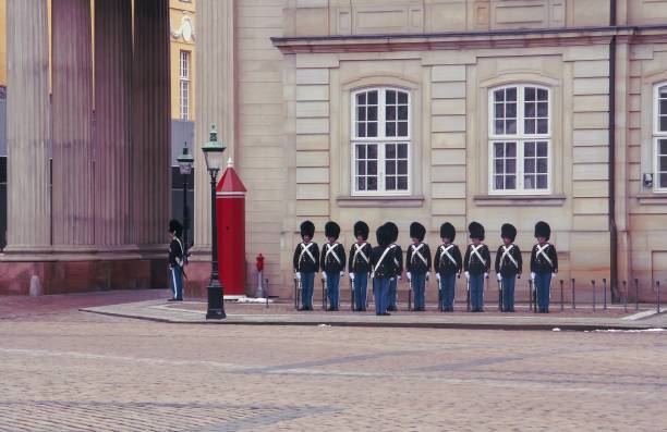 changing the guard ceremony in amalienborg palace, copenhagen. - castle honor guard protection security guard imagens e fotografias de stock