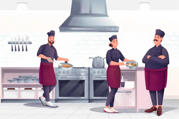 Vector illustration of People cooking in restaurant kitchen. Professional chef with crew preparing food vector illustration. Horizontal panorama, culinary room interior background