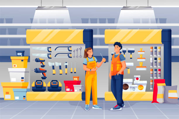 People in hardware shop. Woman assistant standing and talking to man vector illustration. Tools and materials store interior design panorama with drills, toolkits, hammers, screwdrivers People in hardware shop. Woman assistant standing and talking to man vector illustration. Tools and materials store interior design panorama with drills, toolkits, hammers, screwdrivers. hardware store stock illustrations