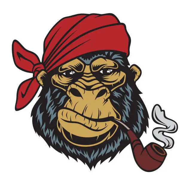 Vector illustration of monkey in a bandana with a smoking pipe
