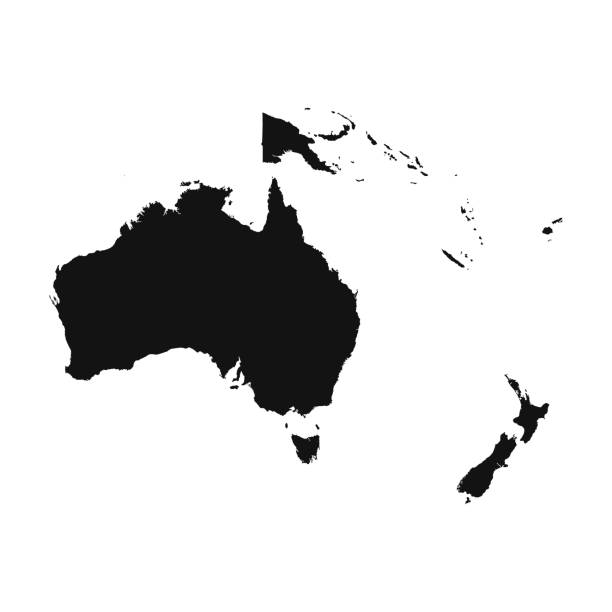 australia i oceania czarna mapa. mapa konturów kontynentu. - new zealand map cartography vector stock illustrations