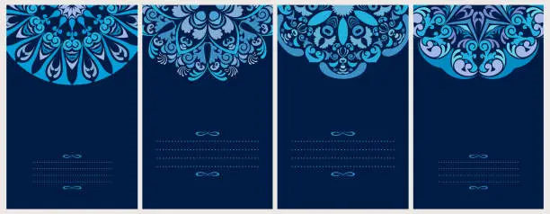 Vector illustration of Collection of vertical card templates with symmetric ornaments in blue shades of Mexican painted ceramic.