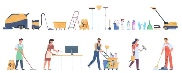 Vector illustration of Cleaning equipment. Professional household services employees. Office and industrial premises hygiene, staff with detergents, special tools and industrial washer equipment vector set