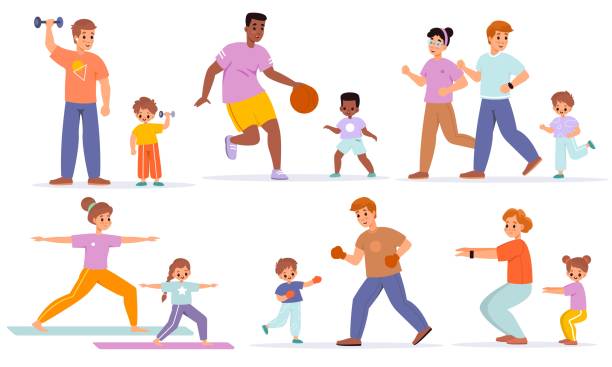 ilustraciones, imágenes clip art, dibujos animados e iconos de stock de deporte familiar. varias actividades familiares, adultos y niños entrenamiento de fitness con niños, niño y niña con padres estilo de vida saludable. juego de dibujos animados vectores de baloncesto y boxeo - healthy lifestyle men boxing dumbbell