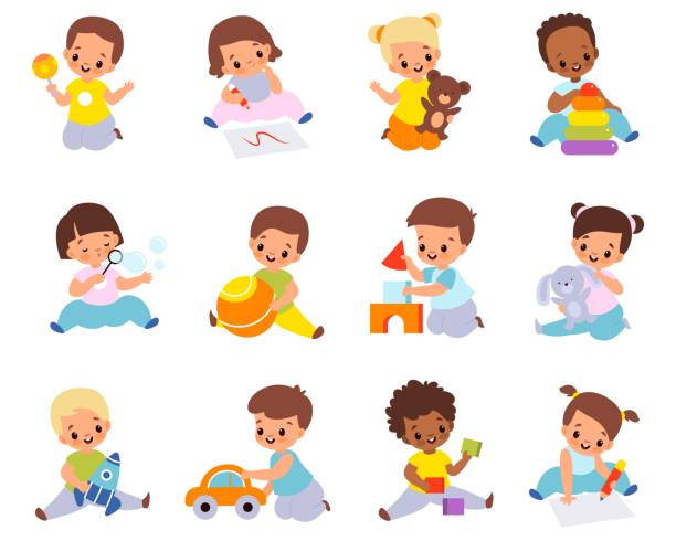 ilustrações de stock, clip art, desenhos animados e ícones de babies playing with toys. multiethnic kids hold different items, little boys and girls sitting on floor with car, ball and cubes. stuffed and educational toy collection vector cartoon set - family cartoon child little girls