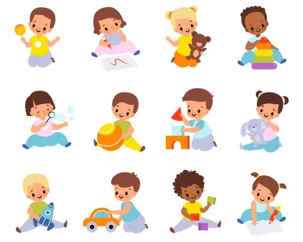 Vector illustration of Babies playing with toys. Multiethnic kids hold different items, little boys and girls sitting on floor with car, ball and cubes. Stuffed and educational toy collection vector cartoon set