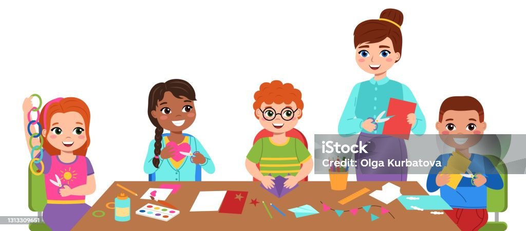 Children Craft With Teacher Kids Art Hobby And Interest Group Boys And Girls In School Or Kindergarten Cut Paper Figures Glue Applications Flags And Garland Vector Cartoon Concept Stock Illustration - Download Children Craft With Teacher Kids Art Hobby And Interest Group Boys And Girls In School Or Kindergarten Cut Paper Figures Glue Applications Flags And Garland Vector Cartoon Concept Stock Illustration - Download