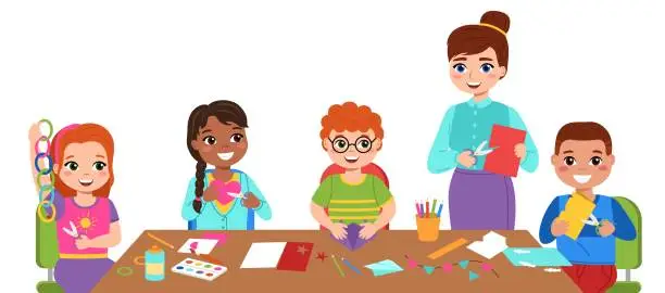 Vector illustration of Children craft with teacher. Kids art hobby and interest group boys and girls in school or kindergarten cut paper figures, glue applications, flags and garland vector cartoon concept