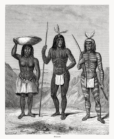 Mohawk people in the past. They are an Iroquoian-speaking indigenous people of North America, with communities in southeastern Canada and northern New York State. Wood engraving, published in 1868.
