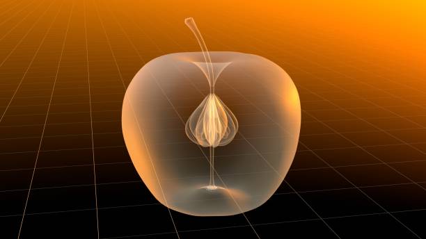 Apple in x-ray light, warm colors, grid, 3D rendering