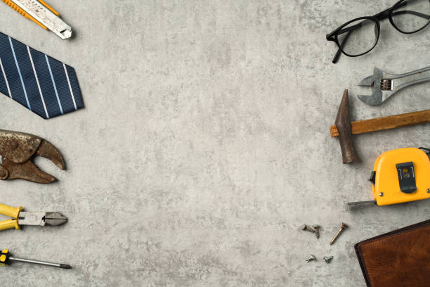 istock Top view design concept of Father's day with working tools on blue background. 1313312416