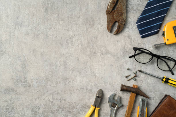 istock Top view design concept of Father's day with working tools on blue background. 1313312457