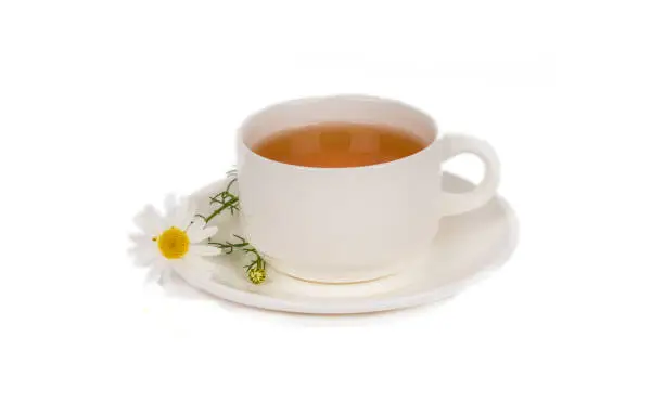 herbal chamomile tea in white porcelain cup on white background