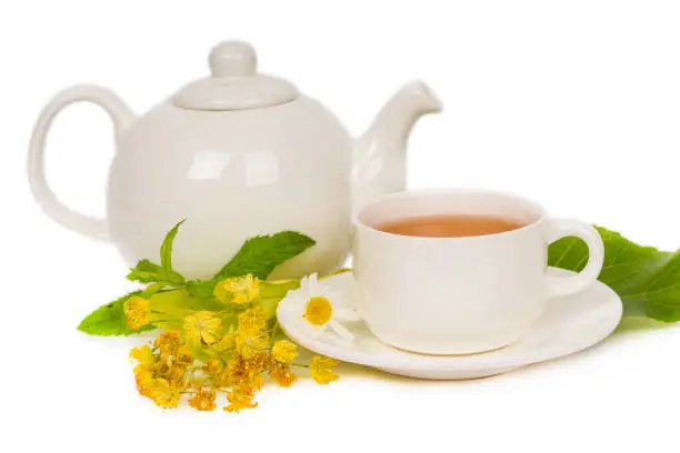 herbal linden tea in white porcelain cup and teapot on white background