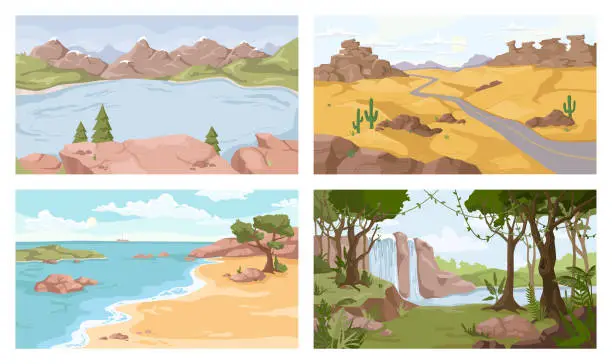 Vector illustration of Landscapes set. Vector desert, sea and river, waterfall, sandy desert. Vector mountains and seashore, wild nature backgrounds. Green forest and coastlines, cactus and pine trees, travel adventures