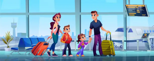 Vector illustration of Traveling family and airport, mother, father and children with luggage in airport terminal. Vector parents and kids son daughter with luggage bags in hands. Airplanes and control tower outside window