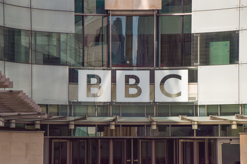 London, United Kingdom - April 16 2021: Broadcasting House, BBC headquarters in Central London, entrance exterior detail.