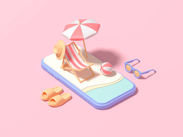 istock Flat Isometric composition. Summer vacation on the island. icon representing smartphone on the beach with tourist and travel equipment. Summer with love. 3d render 1313313472