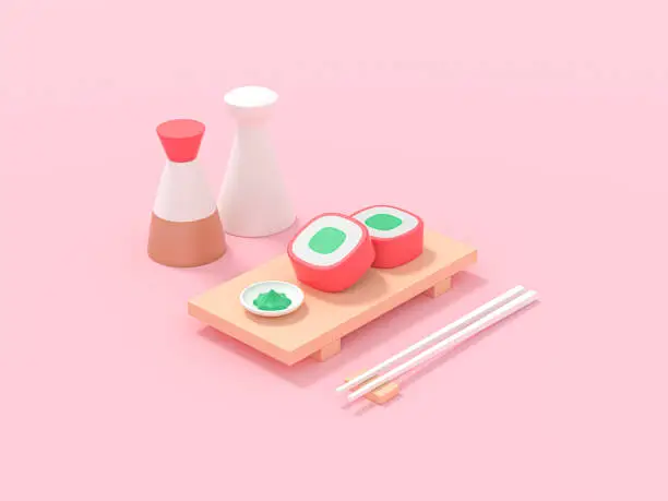 Photo of Sushi. Japanese food on a pink background. Asian delivery food, isometric 3d render.