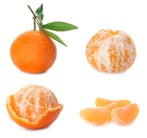 istock Set with fresh ripe tangerines on white background 1313313659