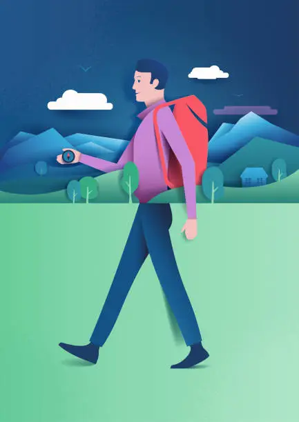 Vector illustration of hiker on mountains
