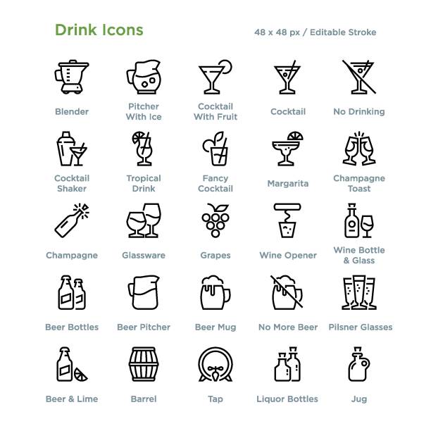 ilustraciones, imágenes clip art, dibujos animados e iconos de stock de iconos de la bebida - esquema - bartender