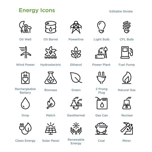 ilustraciones, imágenes clip art, dibujos animados e iconos de stock de iconos de energía - esquema - e85