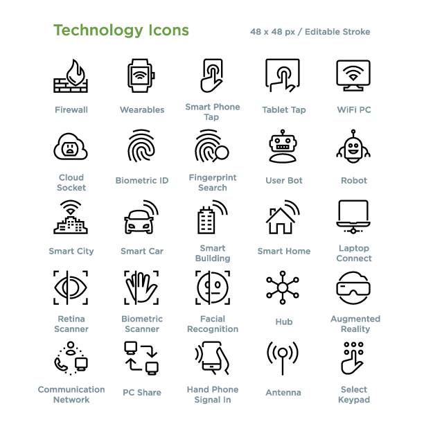 illustrations, cliparts, dessins animés et icônes de icônes technologiques - contour - enjoliveur