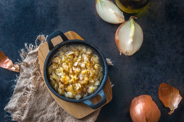 istock Fried onions in a small pan on a wooden background 1313316135