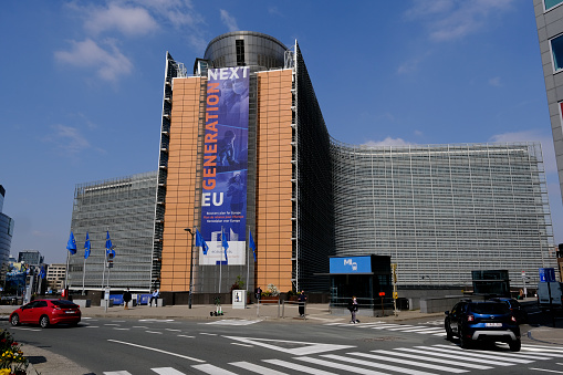 Exteriors view of the Berlaymont Building, the European Commission headquarters in the European district of Brussels, Belgium on April 19, 2021.
