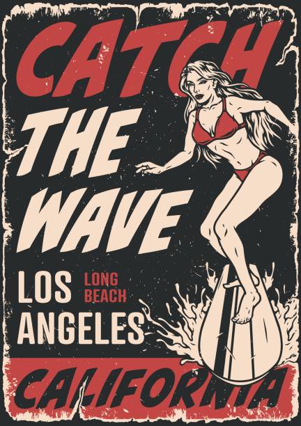 illustrazioni stock, clip art, cartoni animati e icone di tendenza di poster vintage per il surf - beach surfing bikini retro revival