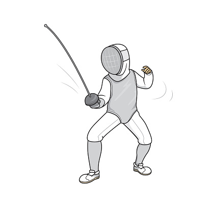 Vector illustration of athlete in fencing outfit with mask and sword isolated on white background. Kids coloring page, drawing, art, first word, flash card. Color cartoon character clipart.