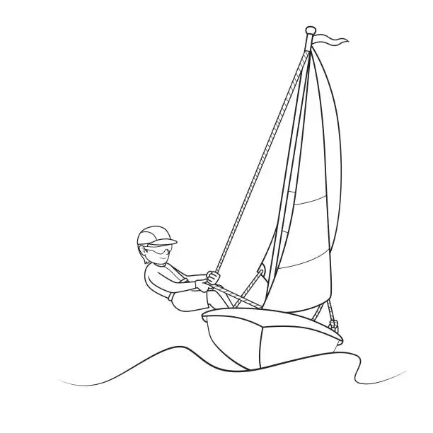 Vector illustration of Vector illustration of single sailing athlete on the sailboat isolated on white background. Kids coloring page, drawing, art, first word, flash card. Color cartoon character clipart.