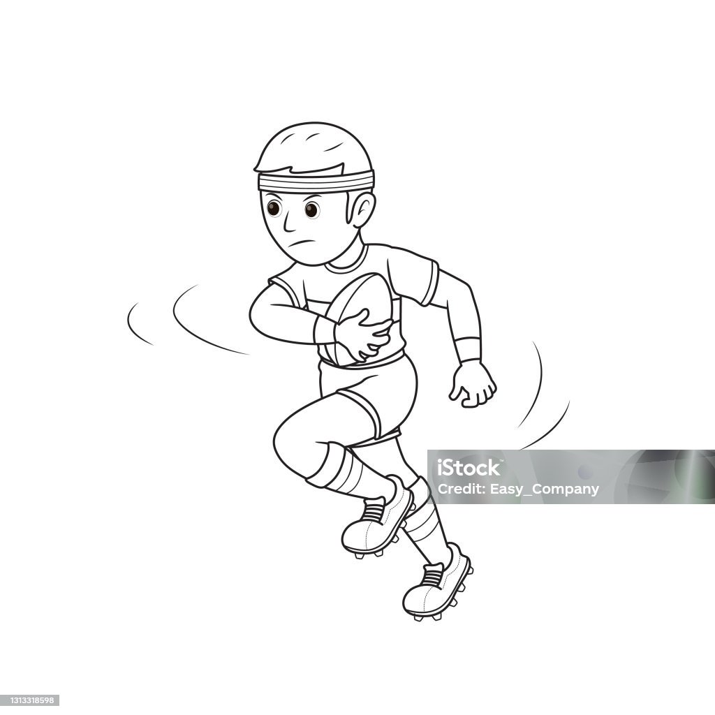 Vector Illustration Of Young Rugby Athlete Holding Rugby Ball With Speed Run  Isolated On White Background Kids Coloring Page Drawing Art First Word  Flash Card Color Cartoon Character Clipart Stock Illustration 