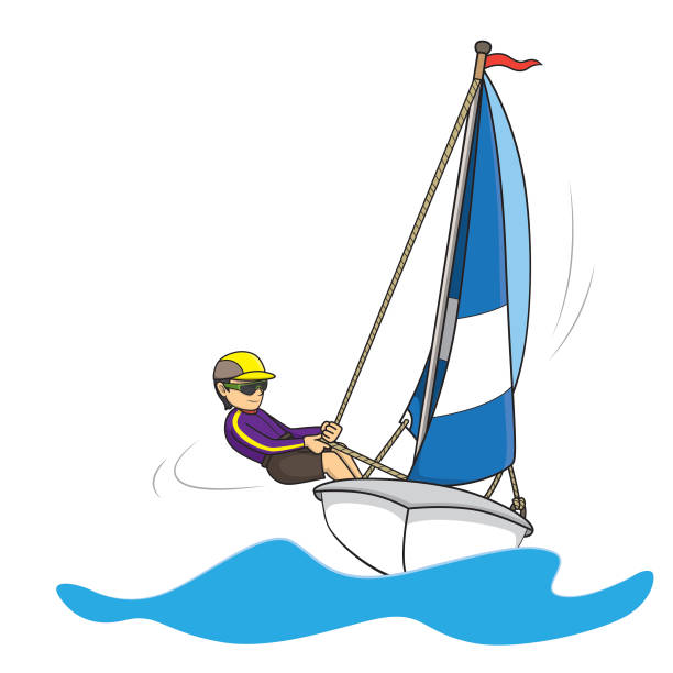 Vector illustration of single sailing athlete on the sailboat isolated on white background. Kids coloring page, drawing, art, first word, flash card. Color cartoon character clipart. Vector illustration of single sailing athlete on the sailboat isolated on white background. Kids coloring page, drawing, art, first word, flash card. Color cartoon character clipart. passenger craft stock illustrations