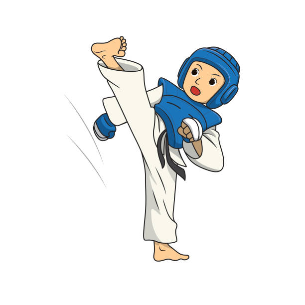 Vector illustration of young adult taekwondo athlete training leg kicking over head isolated on white background. Kids coloring page, drawing, art, first word, flash card. Color cartoon character clipart. Vector illustration of young adult taekwondo athlete training leg kicking over head isolated on white background. Kids coloring page, drawing, art, first word, flash card. Color cartoon character clipart. Chest Protector stock illustrations