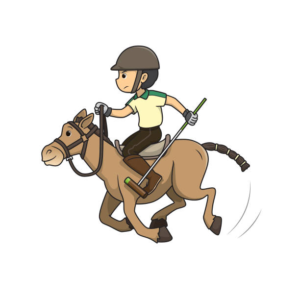 vektor-illustration eines mannes, der auf dem pferd reitet und einen langhandigen holzschläger für polotraining auf weißem hintergrund hält. sportspielkonzepte. kinder färbung seite. farbe cartoon zeichen clipart. - color image batting illustration technique adult stock-grafiken, -clipart, -cartoons und -symbole