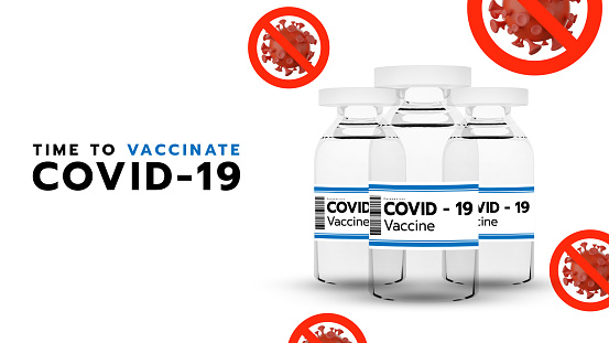 Vaccine Coronavirus COVID-19 ,Several clear colored vaccine bottles ,Treatment for coronavirus covid-19, isolated on white background ,illustration