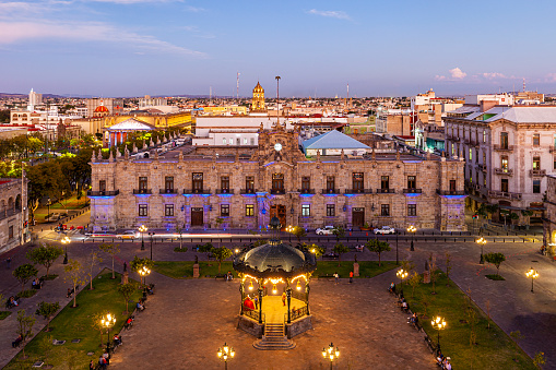 Mexico, tourist attractions and colorful streets and colonial houses in Leon historic center.