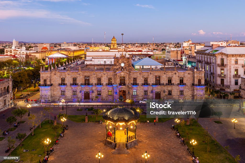 View of the Plaza de Armas from above in Guadalajara, Jalisco, Mexico. The Governors Palace and Plaza de Armas in Guadalajara, Jalisco, Mexico. Mexico Stock Photo