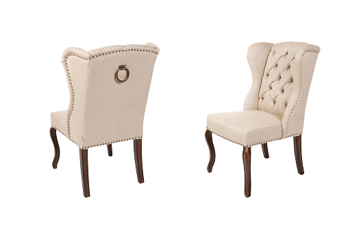 Back and front view of classic wingback tufted beige chair on white background