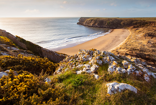 Sunrise over the secluded beach at Barafundle Bay, Pembrokeshire national park, Wales