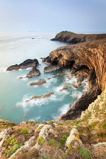 Dramatic cliffs and rocky bays in Pembrokeshire national park, Wales