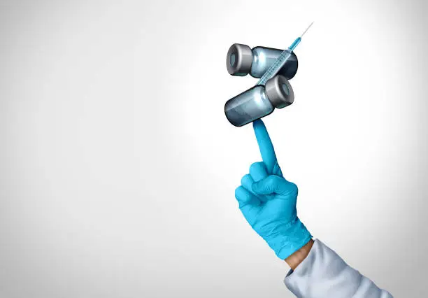 Medical treatment management and disease prevention as a doctor or health care worker holding bottles of virus vaccine and syringe as a healthcare professional with 3D illustration elements.