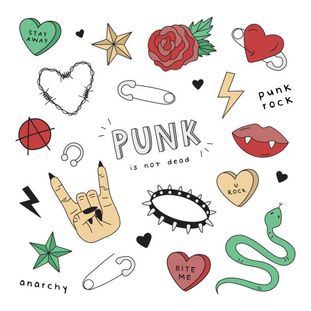 illustrazioni stock, clip art, cartoni animati e icone di tendenza di punk rock carino disegnato a mano adesivi vettoriali - valentines day heart shape backgrounds star shape