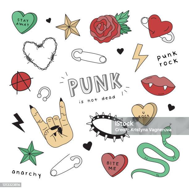 Punk Rock Carino Disegnato A Mano Adesivi Vettoriali - Immagini
