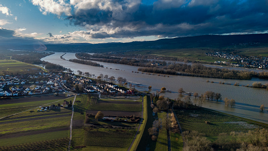 Rhine river and flooded river banks - Rheingau area, Germany