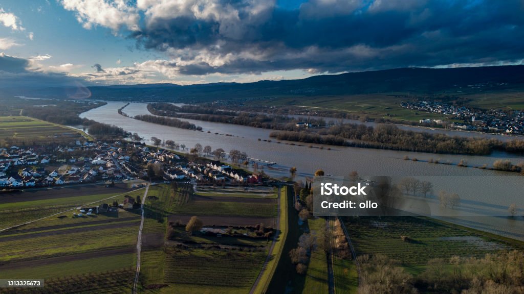 Rhine river and flooded river banks - Rheingau area, Germany Flood Stock Photo