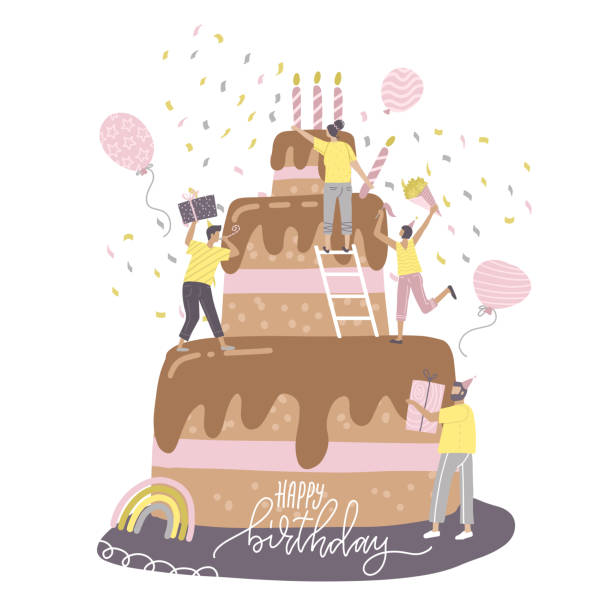 Happy birthday party concept with cheerful people, male and female friends standing on a big tiered cake with a candle and celebrating. Tiny characters having fun. Flat design style illustration. Happy birthday party concept with cheerful people, male and female friends standing on a big tiered cake with a candle and celebrating. Tiny characters having fun. Flat design style illustration happy birthday best friend stock illustrations