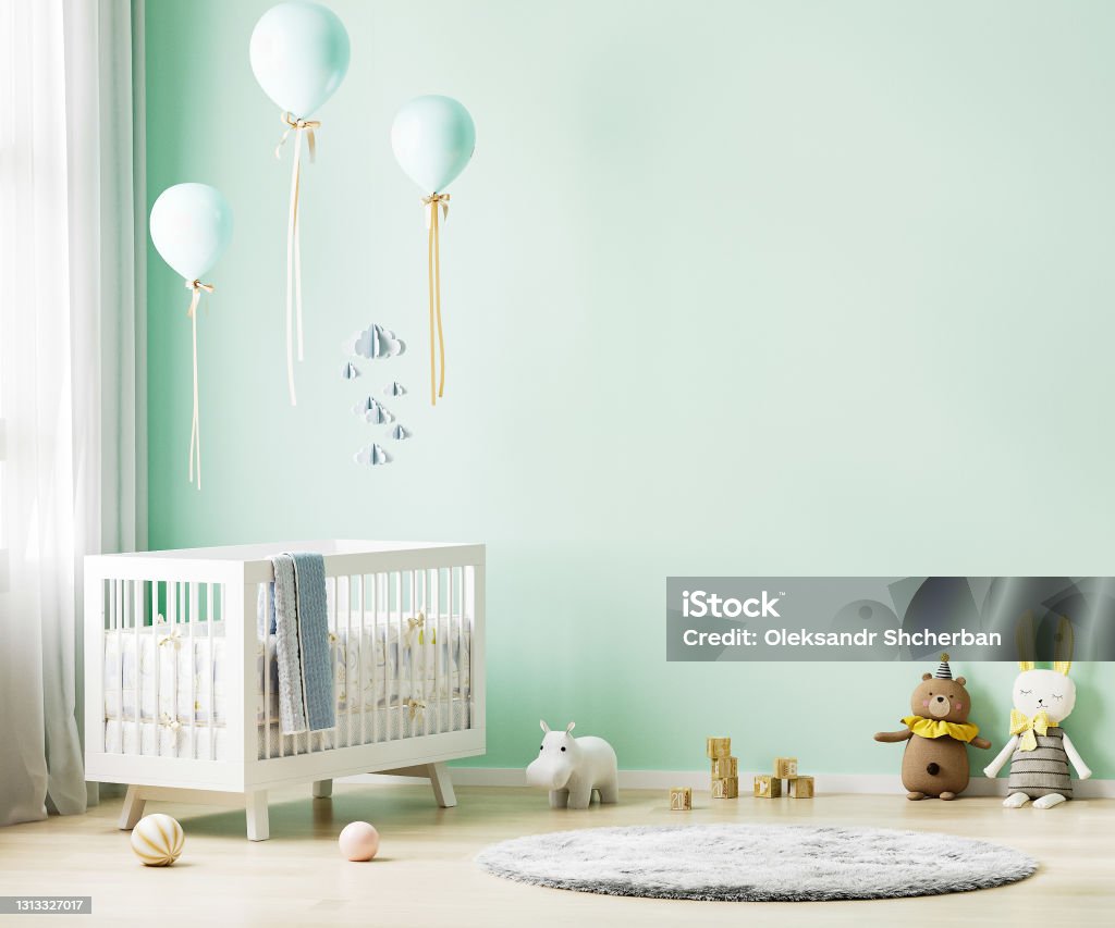 Green nursery room interior background with baby bedding, toys, balloons, nursery mock up, kids room interior, 3d rendering Backgrounds Stock Photo